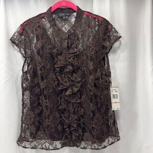 Jones New York Collection sz12 Manderin Banded Collar Lace Top Silk Cami Ruffled